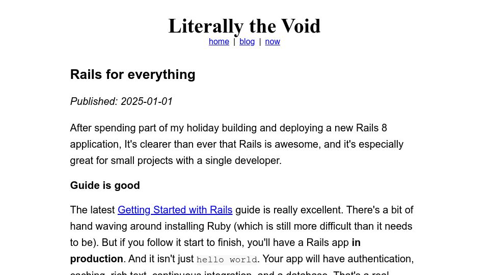 Screenshot of literallythevoid.com: Rails for everything