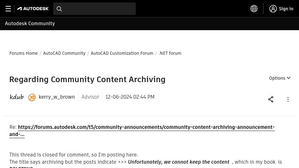 Screenshot of forums.autodesk.com: Autodesk deletes old forum posts suddenly