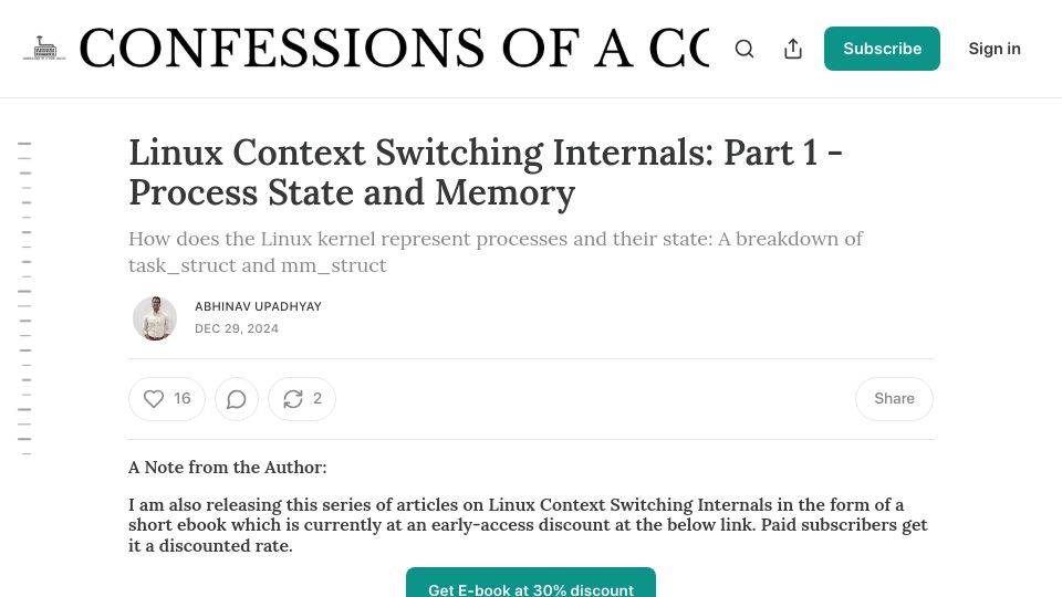 Screenshot of blog.codingconfessions.com: Linux Context Switching Internals: Process State and Memory