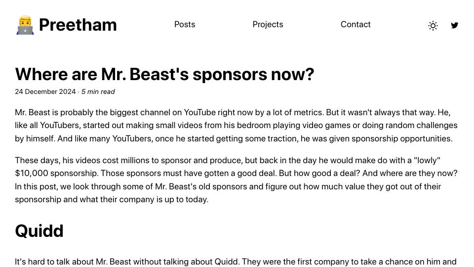 Screenshot of preethamrn.com: Where are Mr. Beast's early sponsors now?