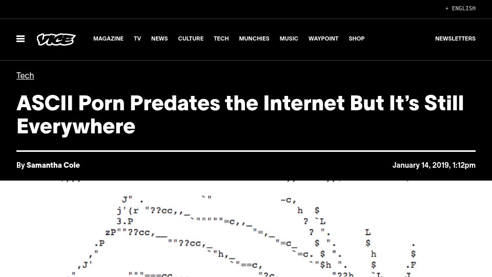 Screenshot of vice.com: ASCII porn predates the Internet but it's still everywhere (2019)