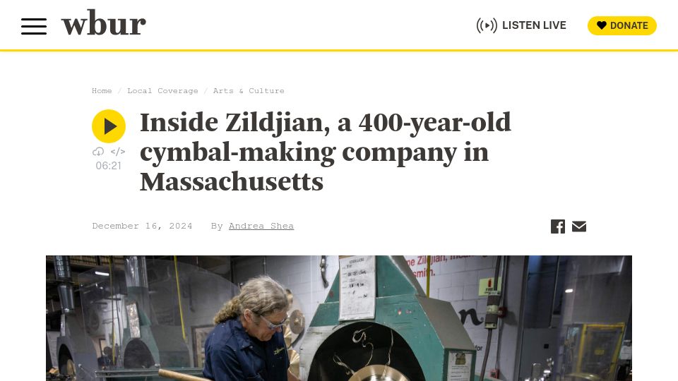 Screenshot of wbur.org: Zildjian, a 400-year-old cymbal-making company in Massachusetts