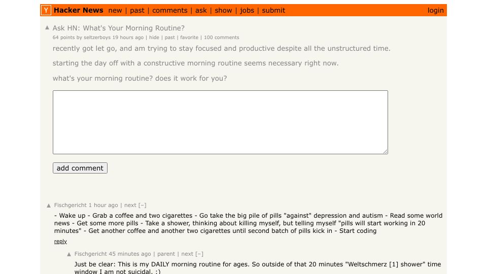 Screenshot of Hacker News post: Ask HN: What's Your Morning Routine?