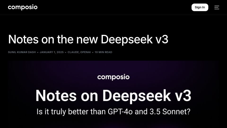 Screenshot of composio.dev: Notes on the New Deepseek v3