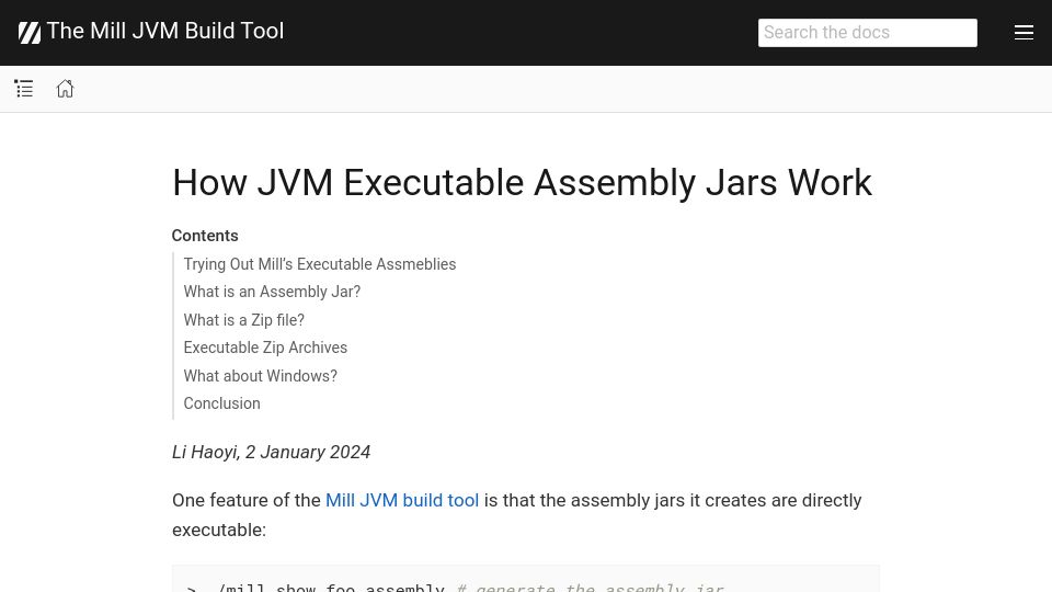Screenshot of mill-build.org: How Java's Executable Assembly Jars Work