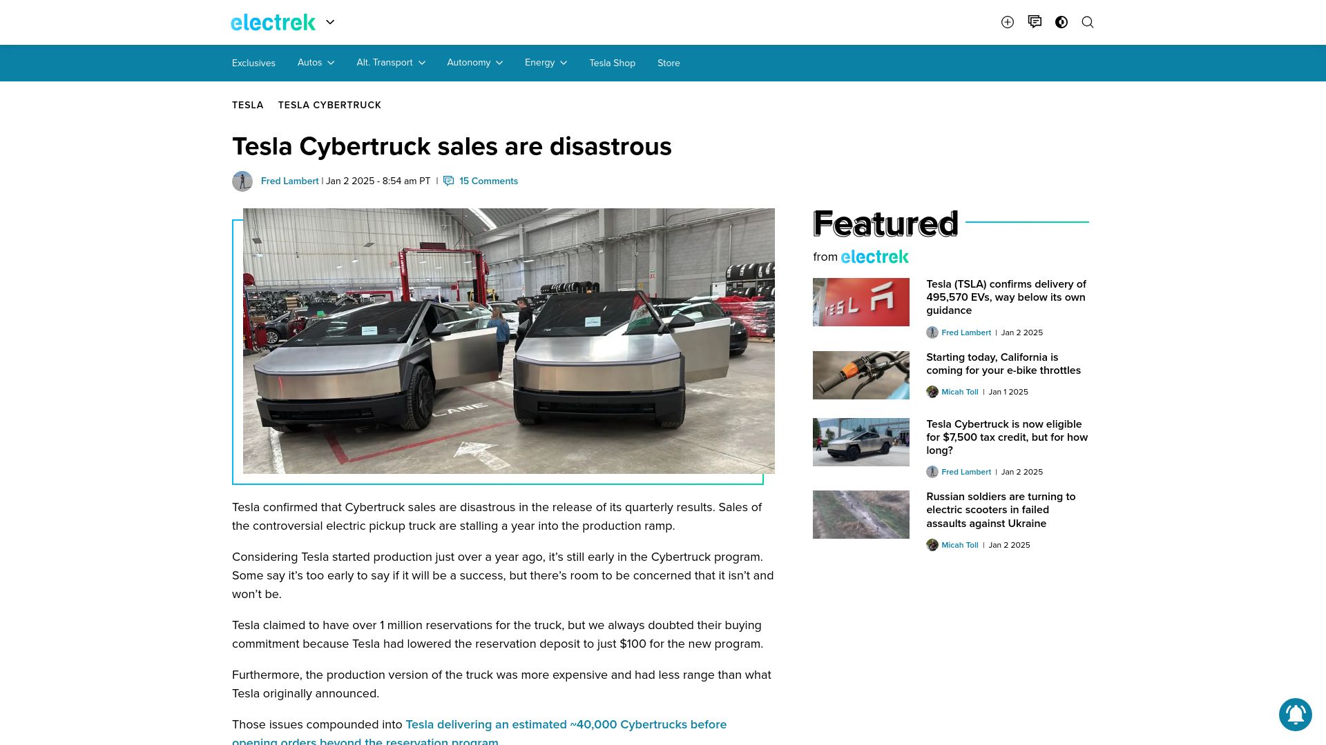 Screenshot of electrek.co: Tesla Cybertruck sales are disastrous