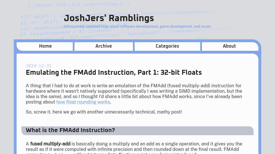 Screenshot of drilian.com: Emulating the FMAdd Instruction, Part 1: 32-bit Floats
