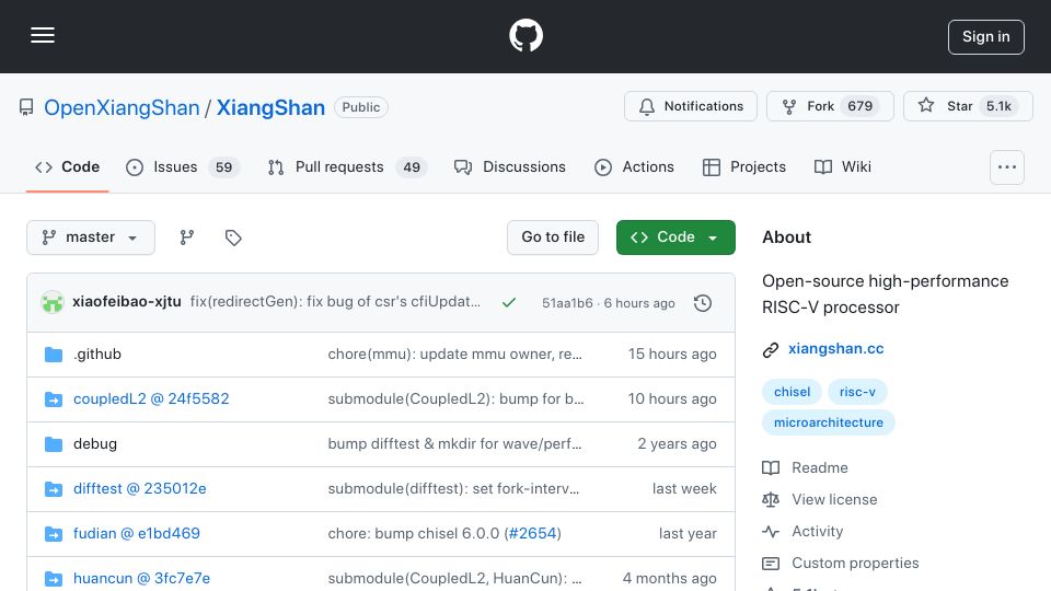 Screenshot of github.com: XiangShan – Open-source high performance RISC-V processor