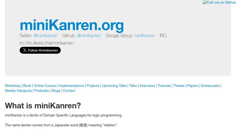 Screenshot of minikanren.org: What Is miniKanren?