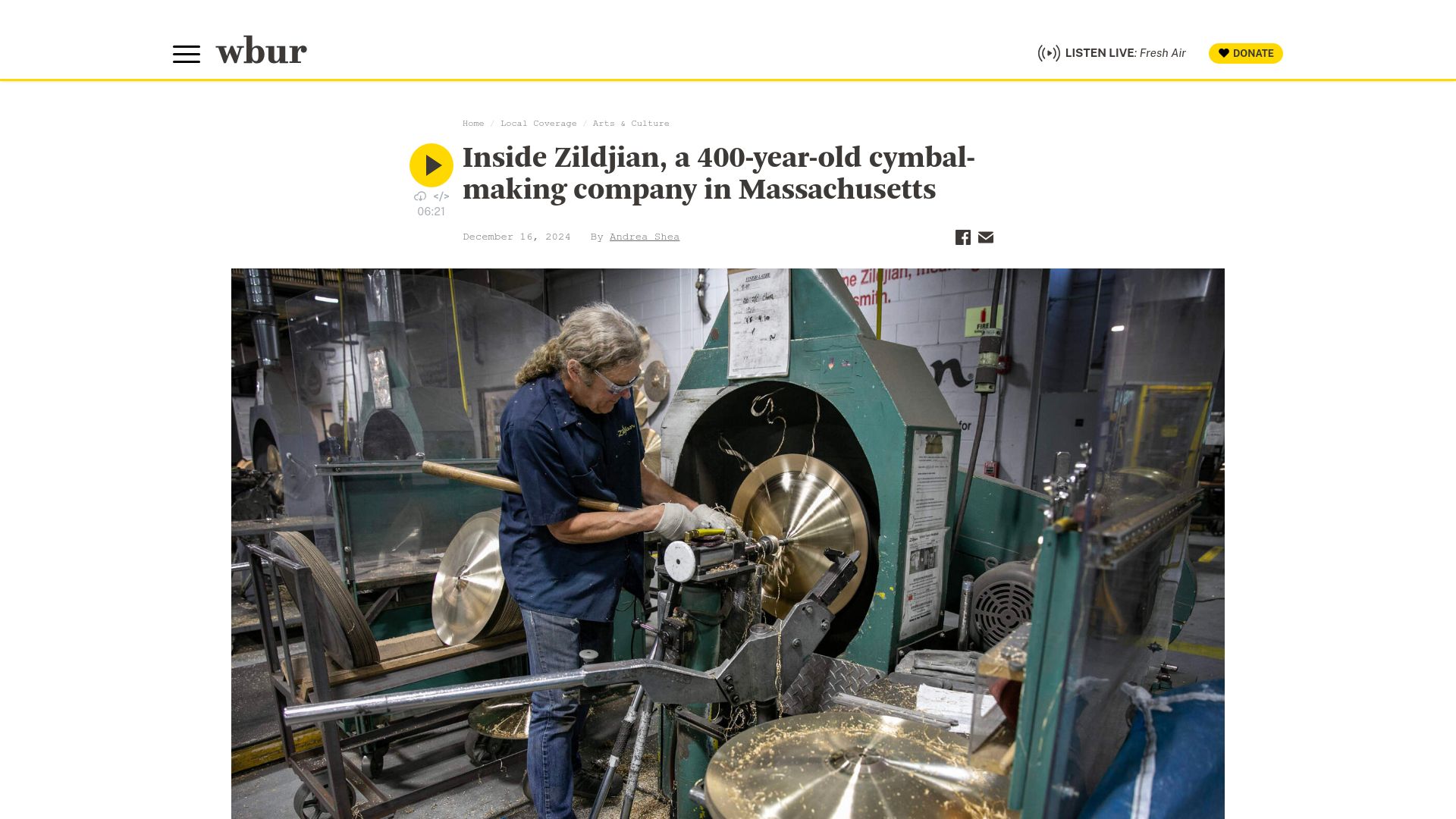 Screenshot of wbur.org: Zildjian, a 400-year-old cymbal-making company in Massachusetts