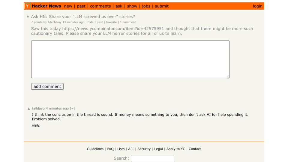Screenshot of Hacker News post: Ask HN: Share your "LLM screwed us over" stories?