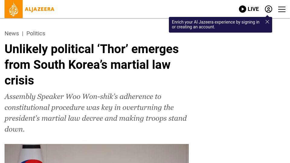 Screenshot of aljazeera.com: Korean Assembly Speaker's adherence to procedure key to making troops stand down