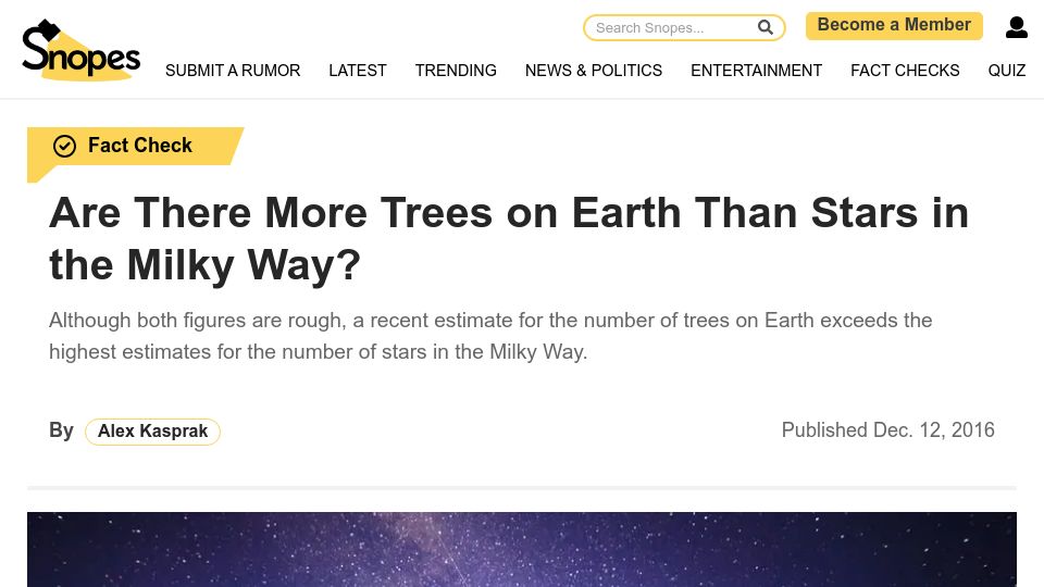 Screenshot of snopes.com: Are there more trees on Earth than stars in the Milky Way? (2016)