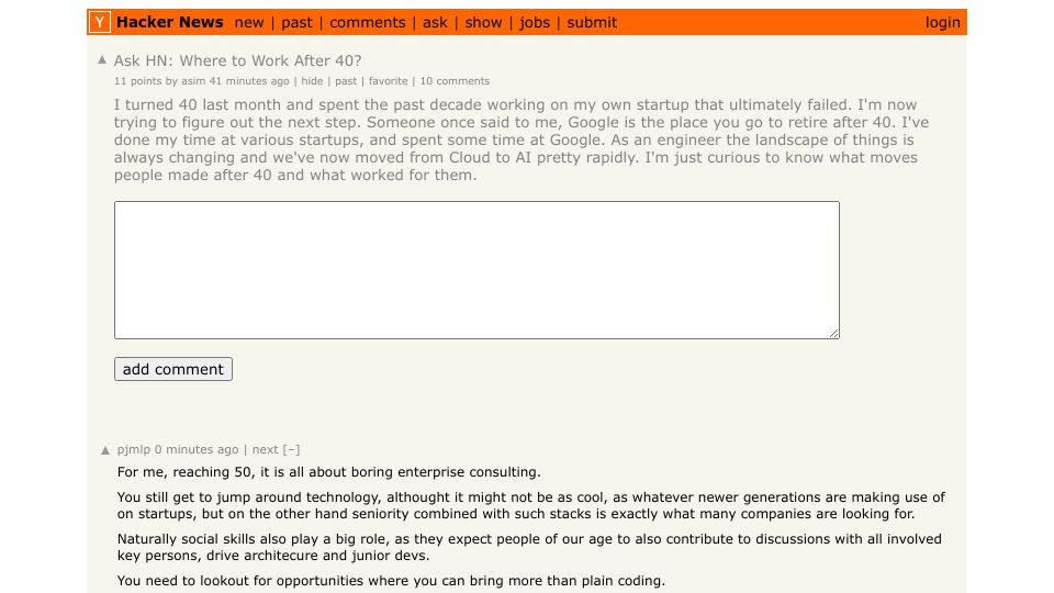 Screenshot of Hacker News post: Ask HN: Where to Work After 40?
