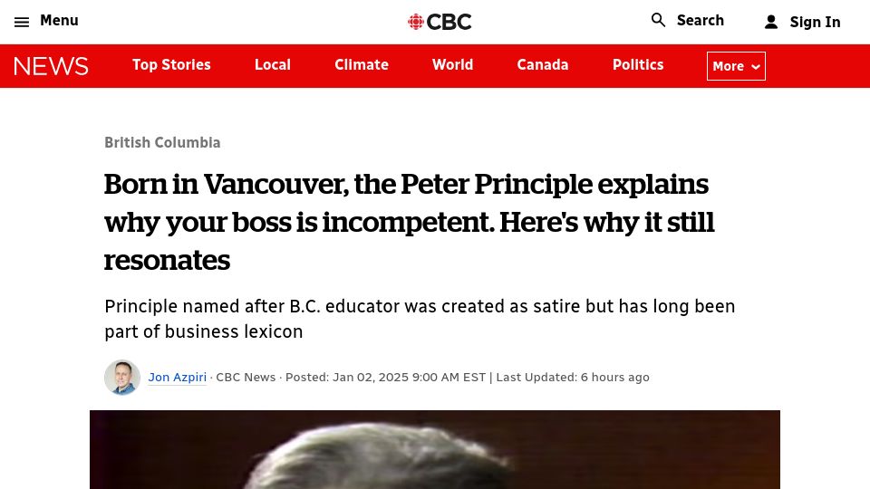 Screenshot of cbc.ca: The Peter Principle still resonates