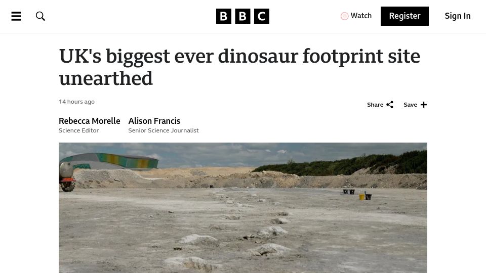 Screenshot of bbc.com: UK's biggest dinosaur footprint site unearthed