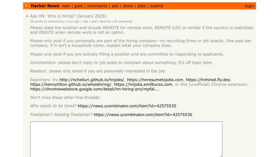 Screenshot of Hacker News post: Ask HN: Who is hiring? (January 2025)