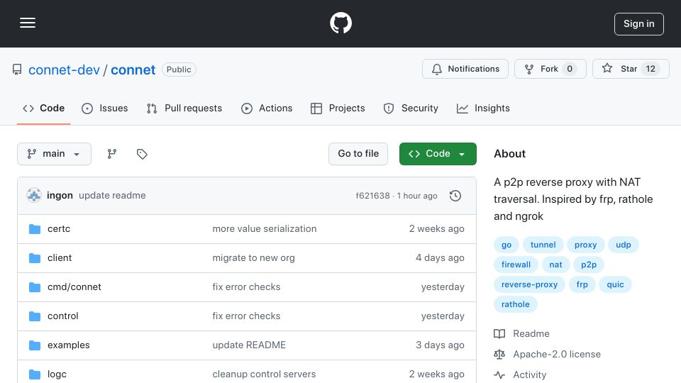 Screenshot of github.com: Show HN: connet – A P2P reverse proxy with NAT traversal