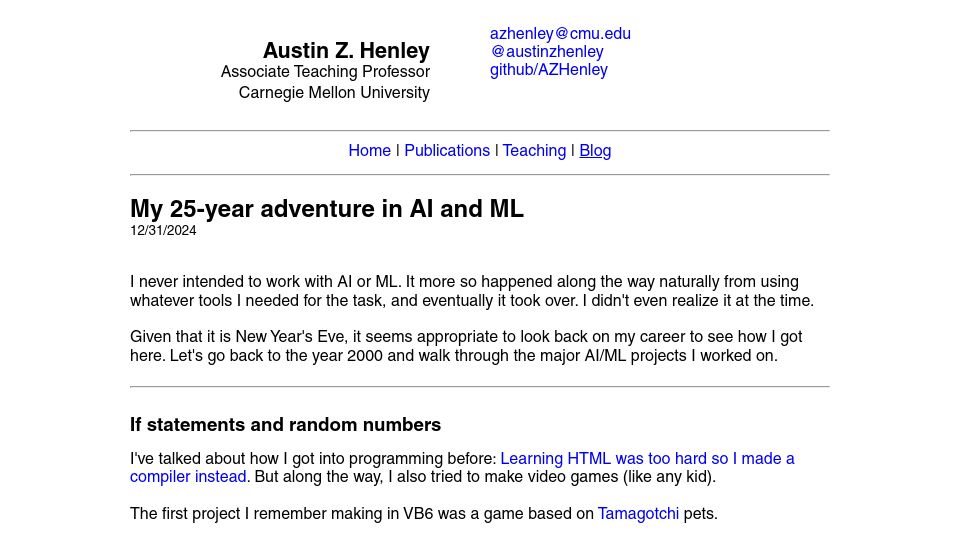 Screenshot of austinhenley.com: My 25-year adventure in AI and ML