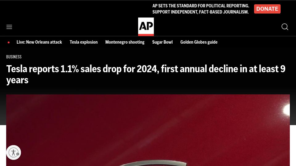 Screenshot of apnews.com: Tesla reports 1.1% sales drop for 2024, first annual decline in at least 9 years