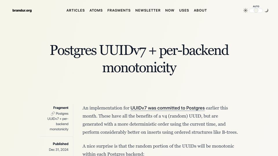 Screenshot of brandur.org: Postgres UUIDv7 and per-back end monotonicity