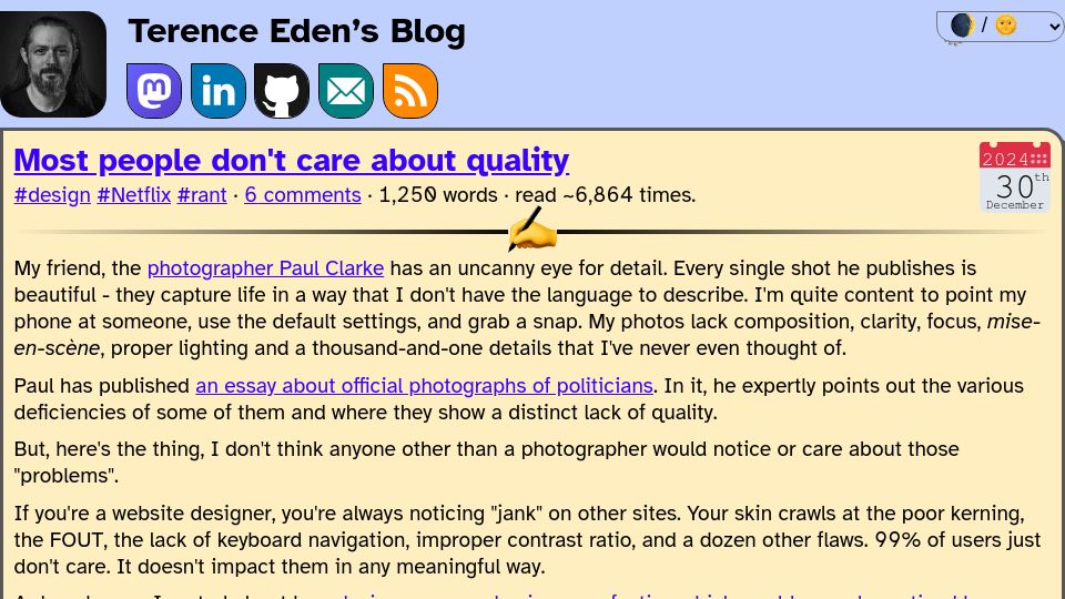 Screenshot of shkspr.mobi: Most people don't care about quality