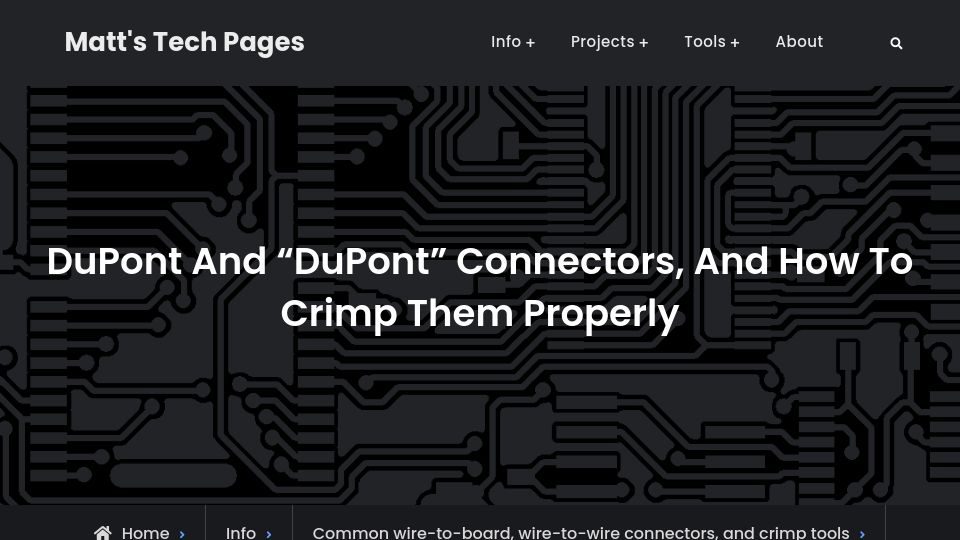 Screenshot of mattmillman.com: DuPont and “DuPont” connectors, and how to crimp them properly