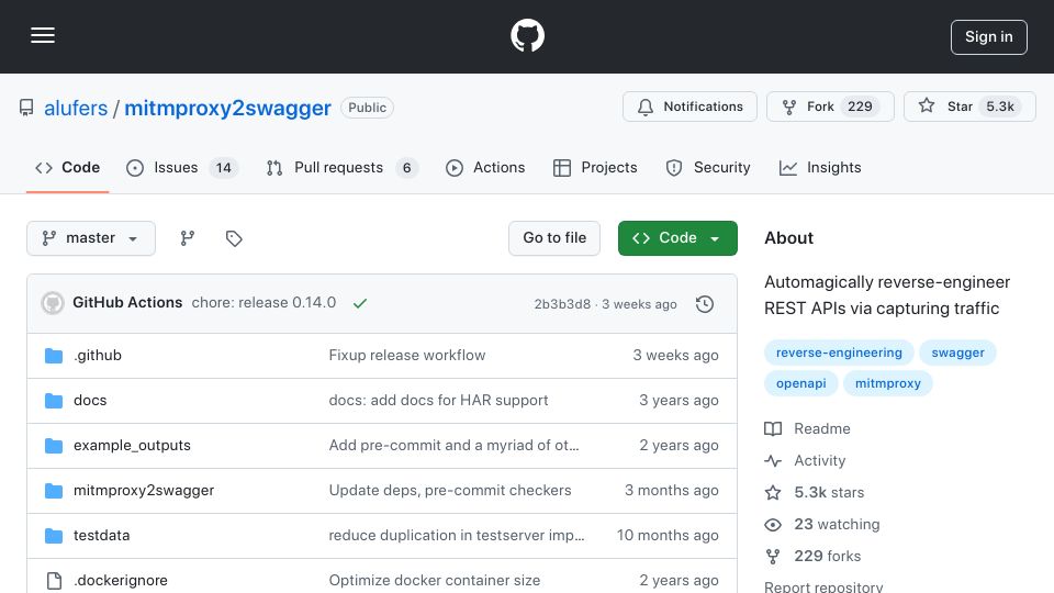 Screenshot of github.com: MitmProxy2Swagger: Automagically reverse-engineer REST APIs