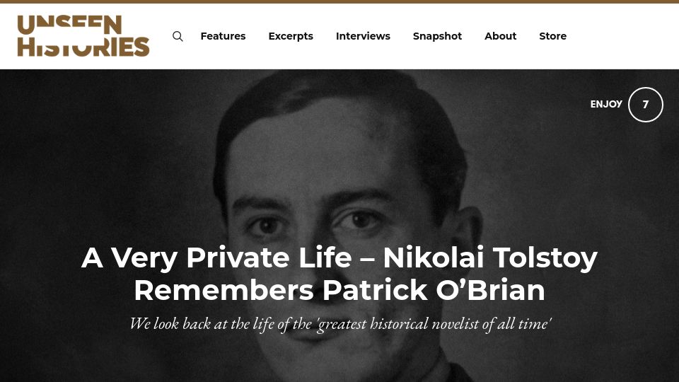 Screenshot of unseenhistories.com: A Private Life – Nikolai Tolstoy Remembers Patrick O'Brian