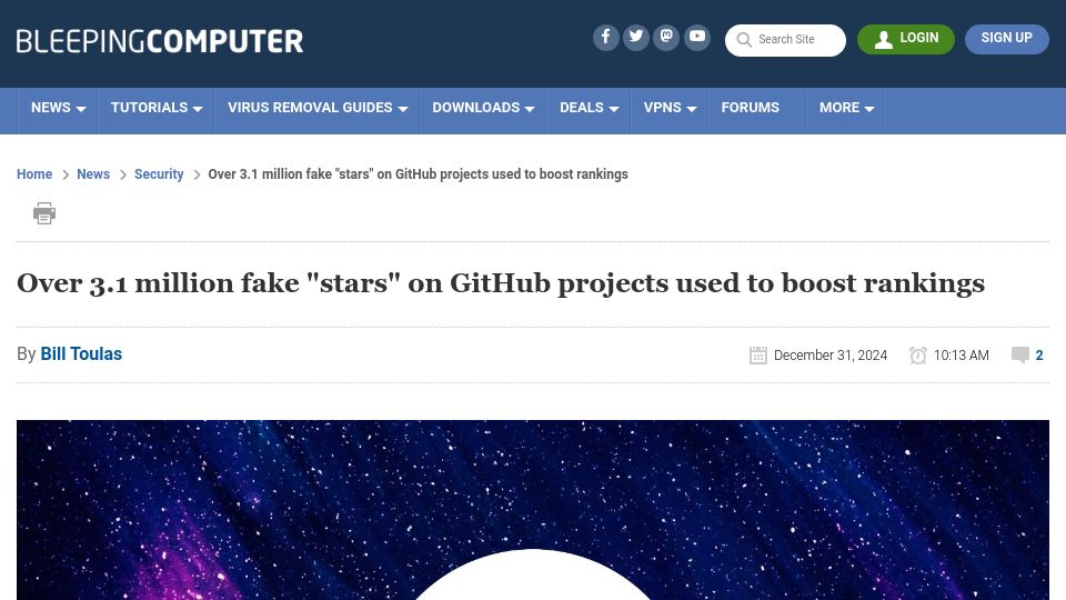 Screenshot of bleepingcomputer.com: Over 3.1M fake "stars" on GitHub projects used to boost rankings