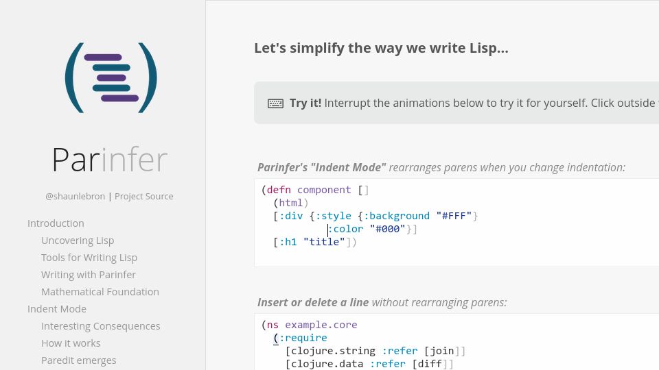 Screenshot of shaunlebron.github.io: Parinfer: Simpler Lisp Editing