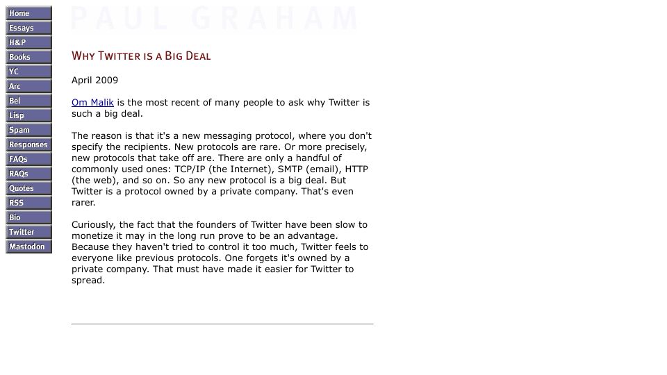 Screenshot of paulgraham.com: Why Twitter is such a big deal (2009)