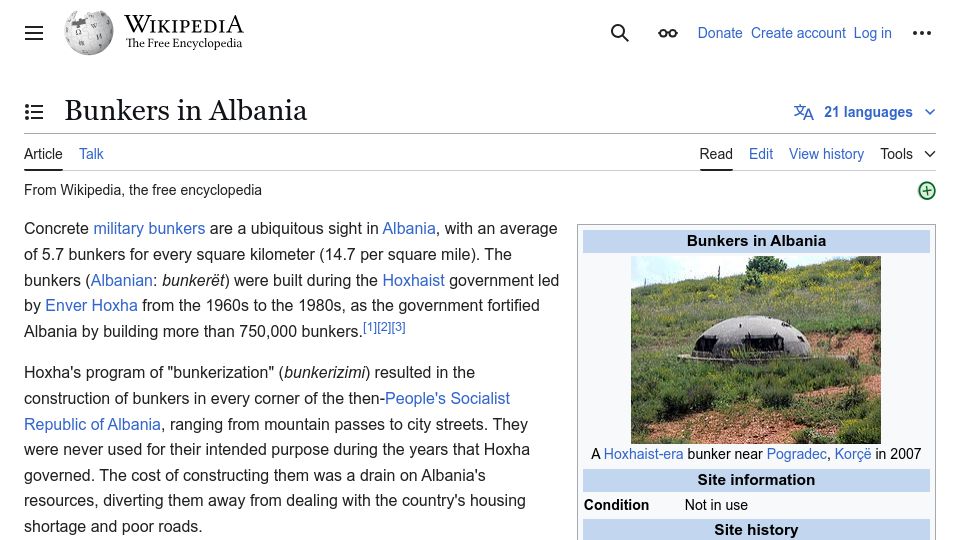 Screenshot of en.wikipedia.org: Bunkers in Albania