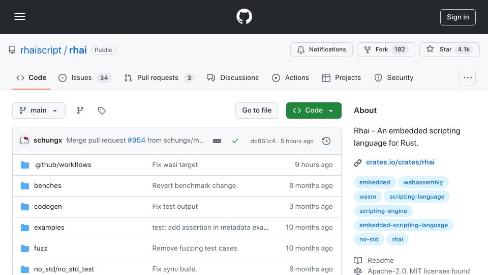 Screenshot of github.com: Rhai: An embedded scripting language for Rust