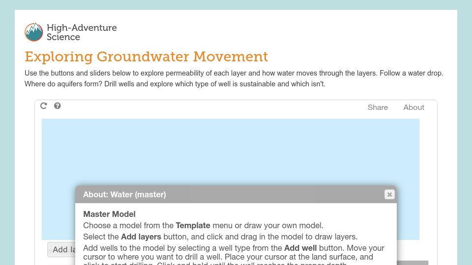 Screenshot of has.concord.org: Groundwater Movement (Interactive)