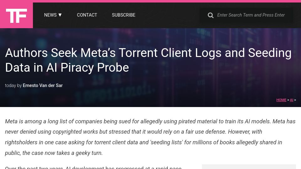 Screenshot of torrentfreak.com: Authors seek Meta's torrent client logs and seeding data in AI piracy probe