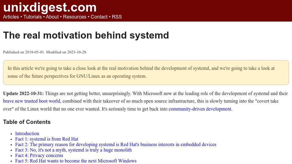 Screenshot of unixdigest.com: The real motivation behind systemd (2018)