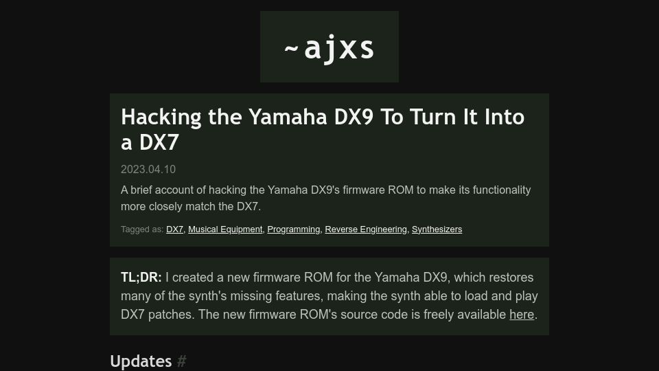 Screenshot of ajxs.me: Hacking the Yamaha DX9 to Turn It into a DX7 (2023)