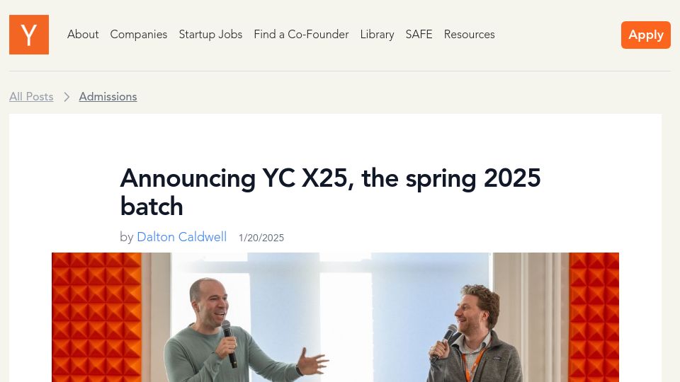 Screenshot of ycombinator.com: YC X25, the spring 2025 batch