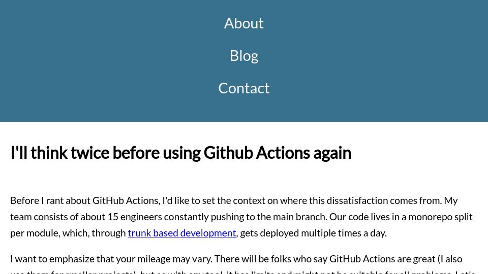 Screenshot of ninkovic.dev: I'll think twice before using GitHub Actions again