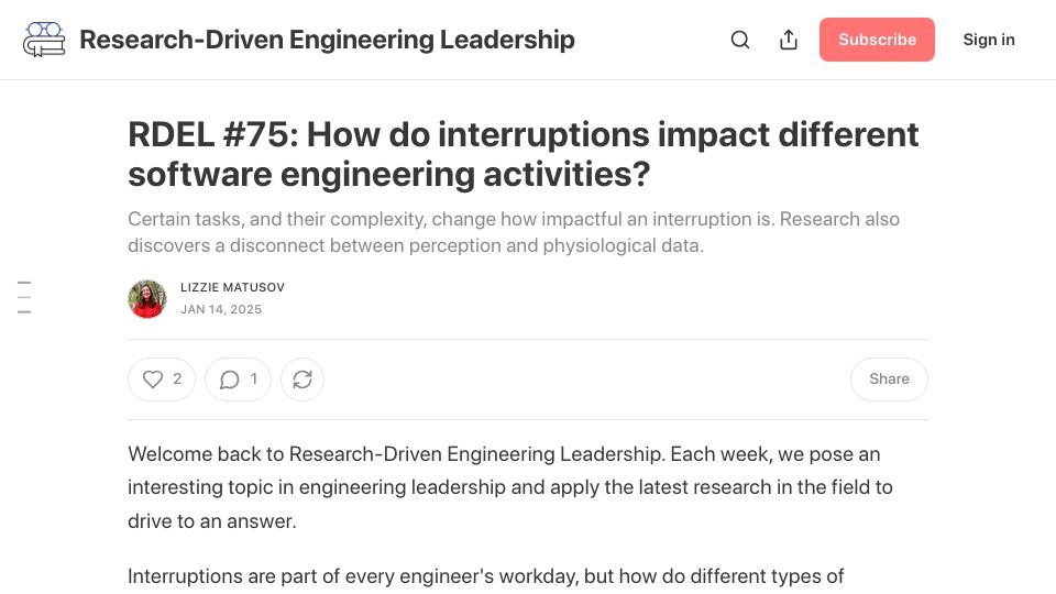 Screenshot of rdel.substack.com: How do interruptions impact different software engineering activities