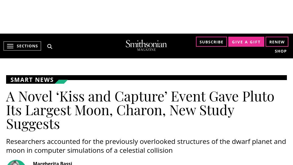 Screenshot of smithsonianmag.com: A Novel 'Kiss and Capture' Event Gave Pluto Its Largest Moon, Charon
