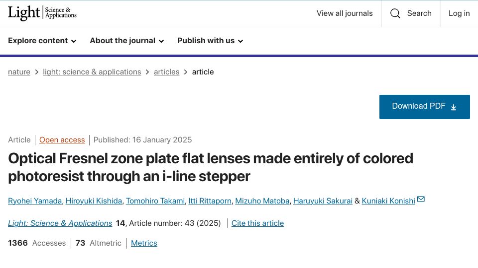Screenshot of nature.com: Optical Fresnel zone plate flat lens: colored photoresist through I-line stepper