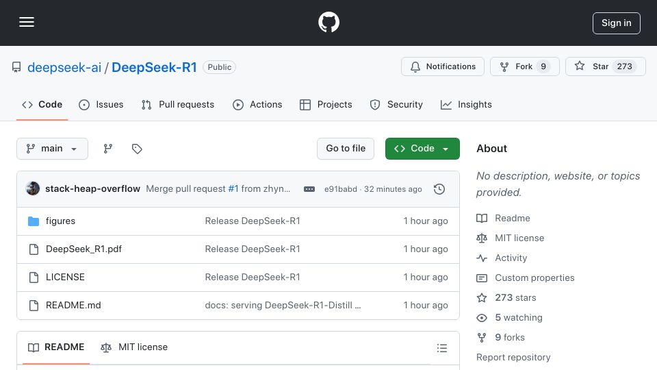Screenshot of github.com: DeepSeek-R1