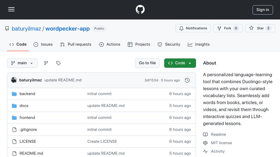 Screenshot of github.com: Show HN: Personalized Duolingo (kind of) for vocabulary building