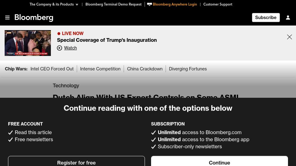 Screenshot of bloomberg.com: Dutch Align with US Export Controls on Some ASML Chip Tools