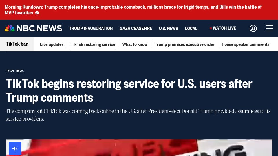 Screenshot of nbcnews.com: TikTok says it is restoring service for U.S. users
