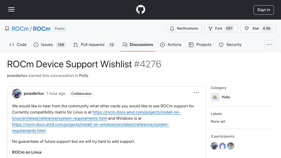 Screenshot of github.com: ROCm Device Support Wishlist
