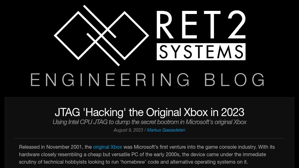 Screenshot of blog.ret2.io: JTAG 'Hacking' the Original Xbox in 2023