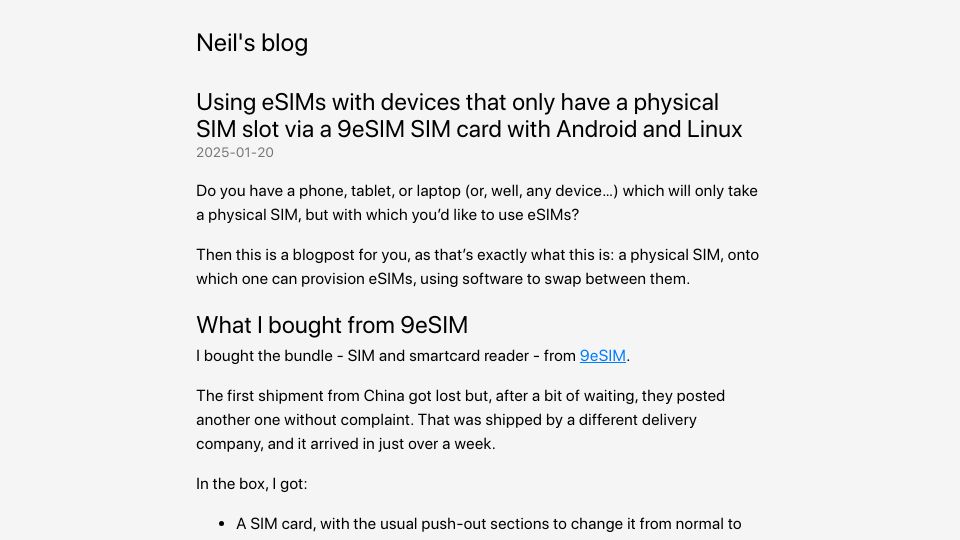 Screenshot of neilzone.co.uk: Using eSIMs with devices that only have a physical SIM slot via a 9eSIM SIM car